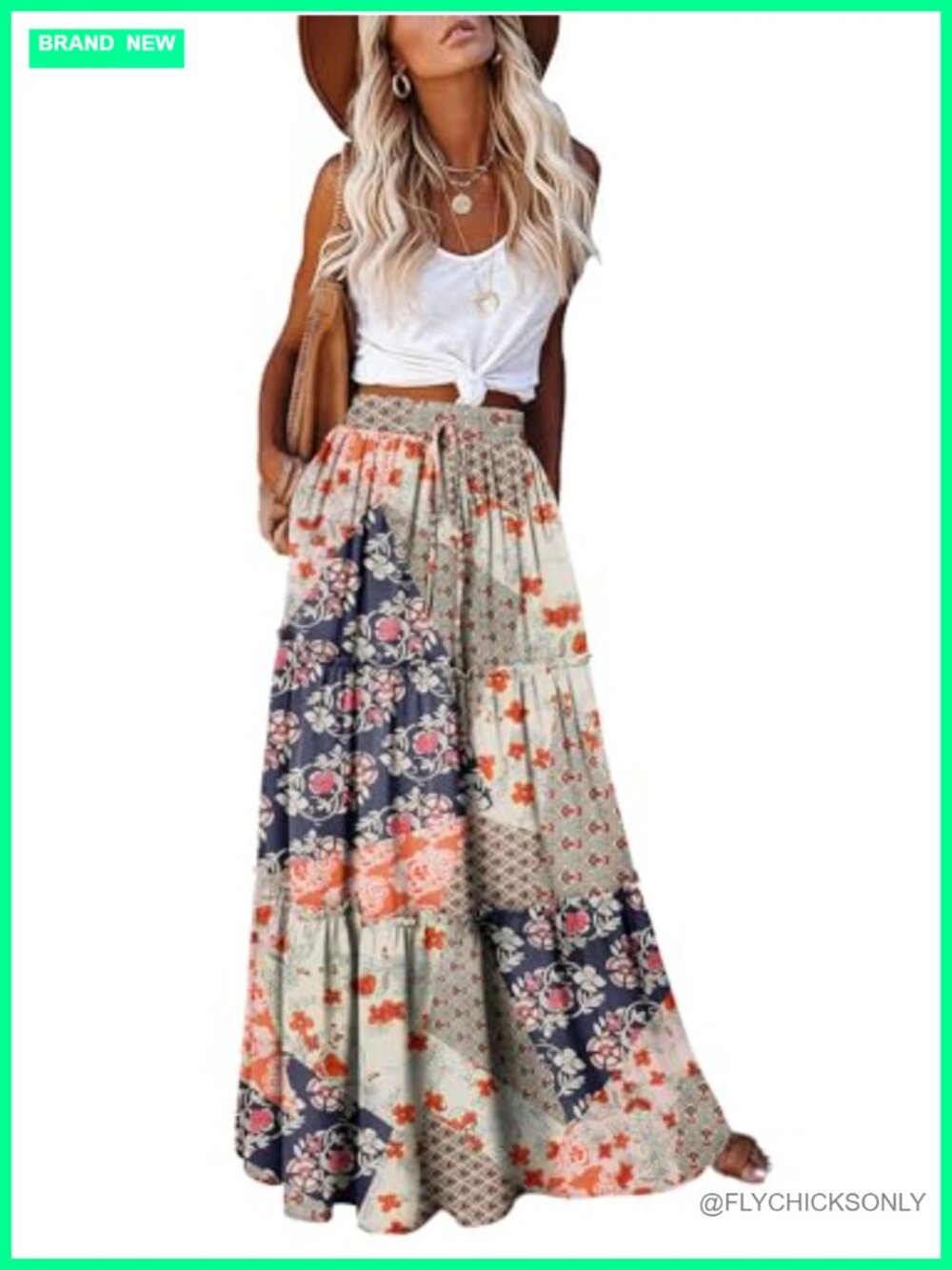 Women's Boho Tiered Maxi Skirt High Waist Flowy Polyester